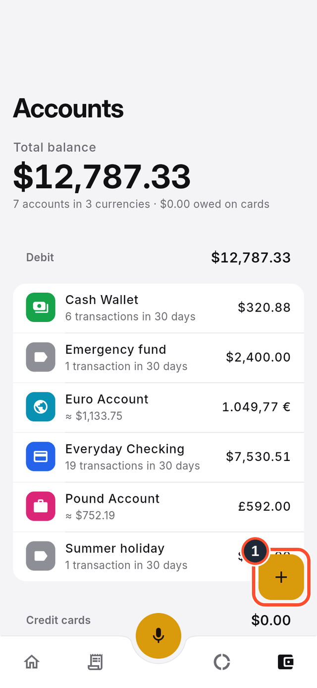 The Accounts list with the Create account button marked