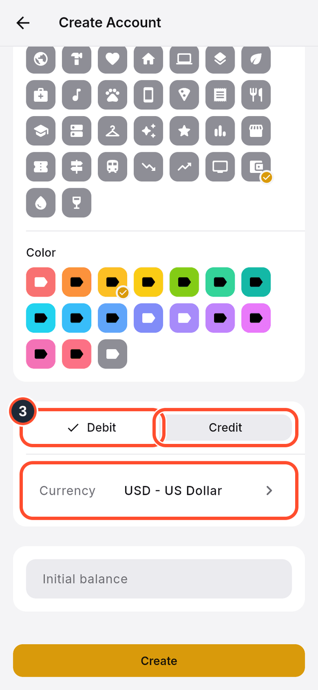 The account type and currency options marked