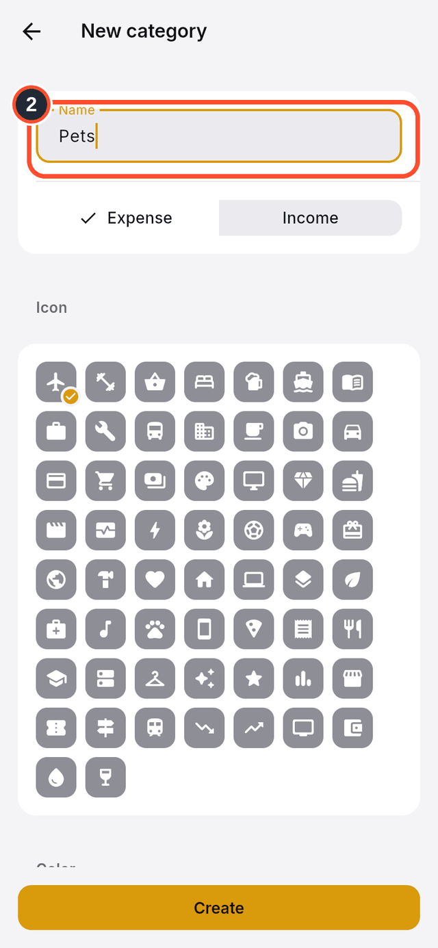 The name field highlighted on the new category form