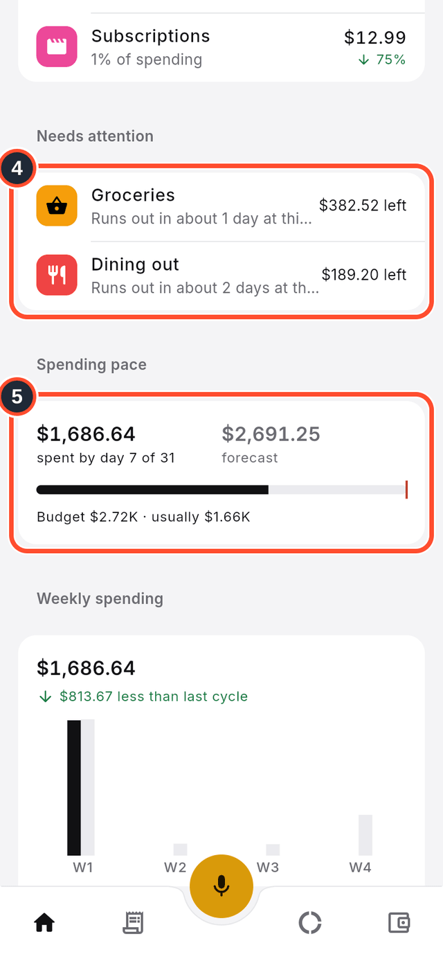 The Needs attention and Spending pace cards marked