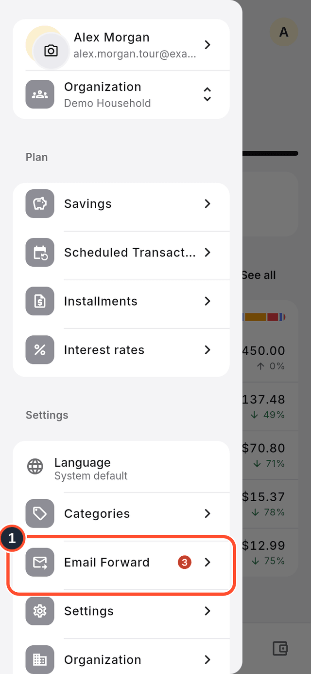 The app menu with the Email Forward row marked