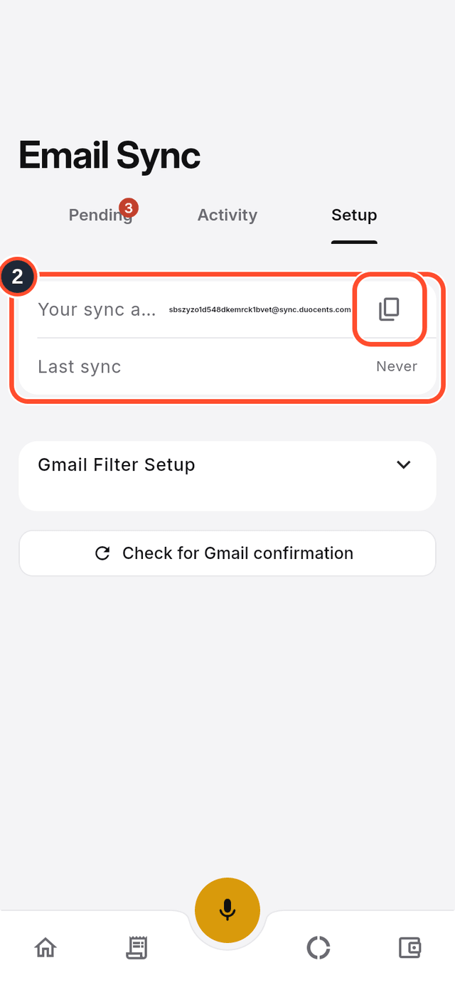 The Setup tab with the sync address marked