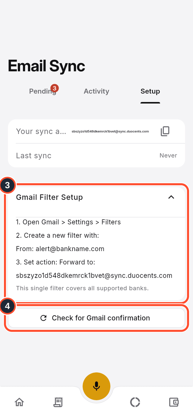 The Gmail filter instructions and the confirmation button marked