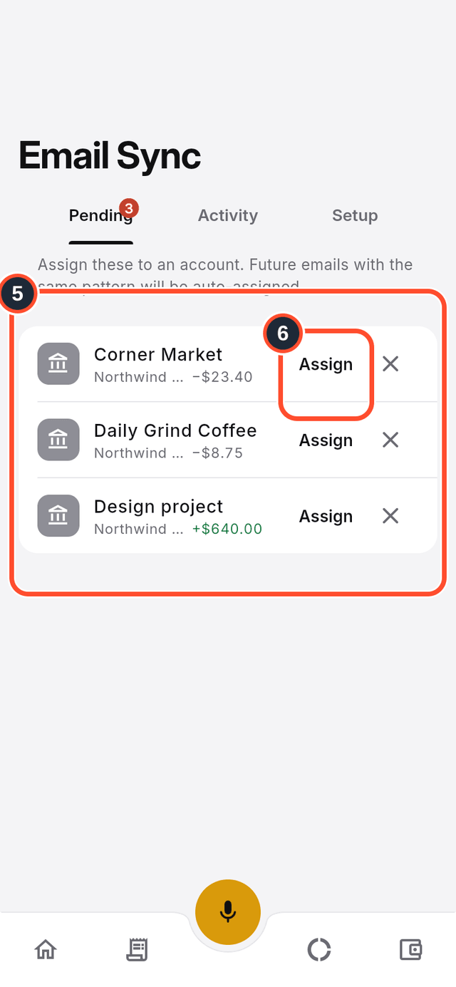 The pending transactions with the Assign button marked