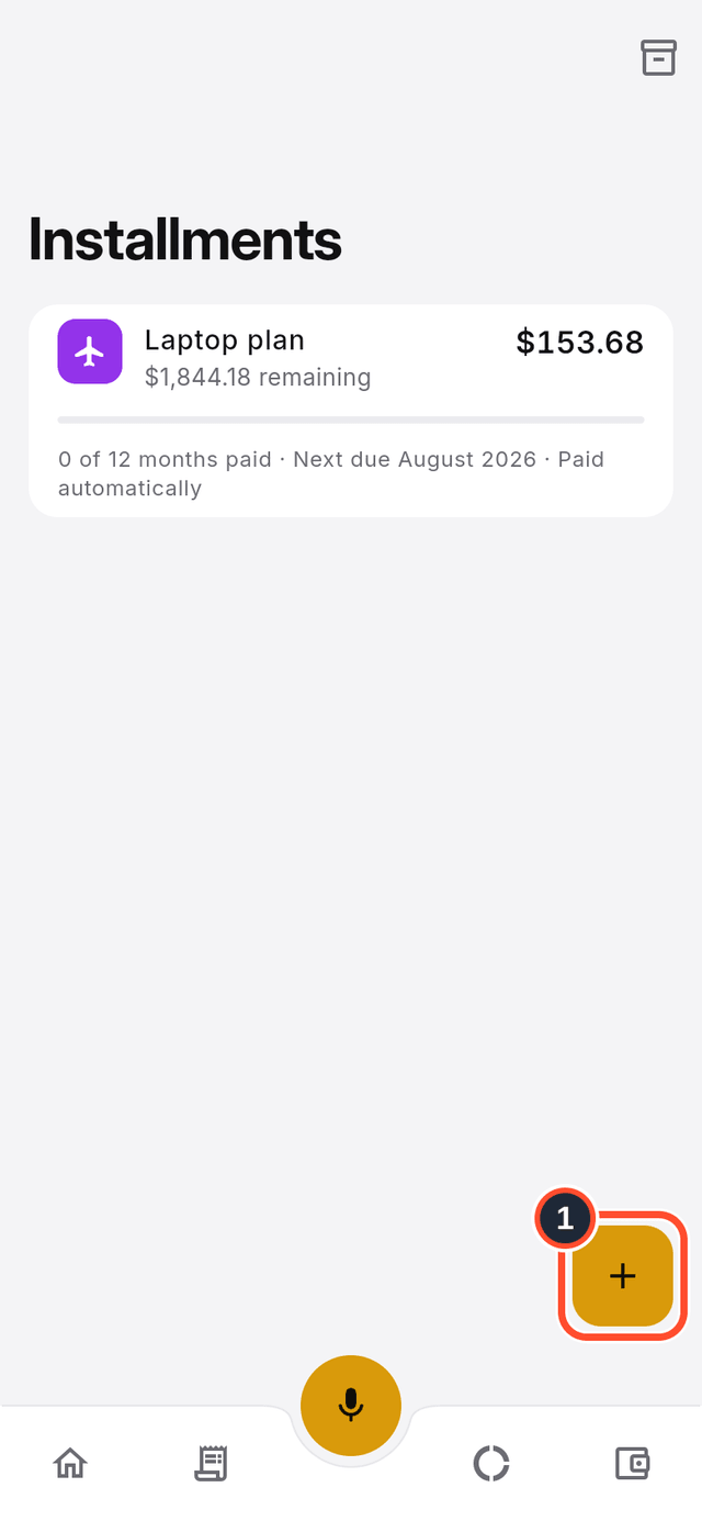 The Installments list with the Create installment button marked