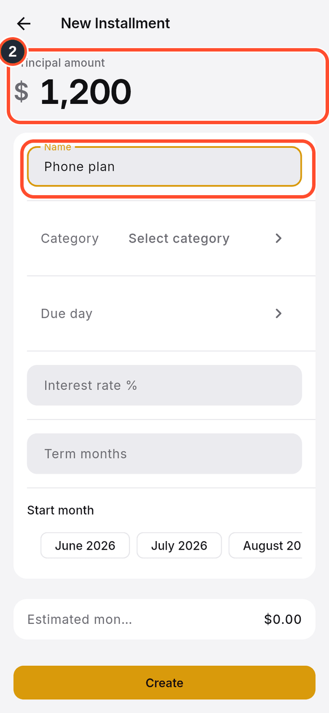 The principal amount and name fields marked