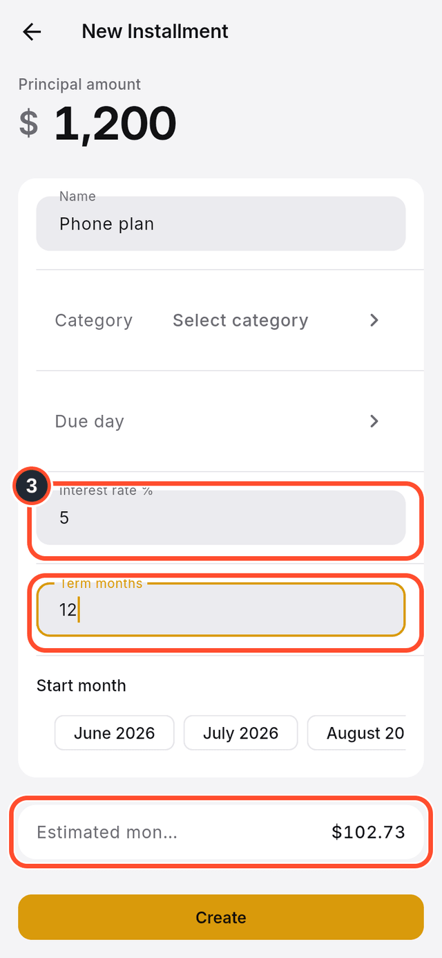 The interest rate and term fields and the estimated monthly payment marked