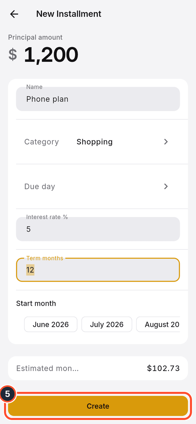 The Create button marked at the bottom of the form