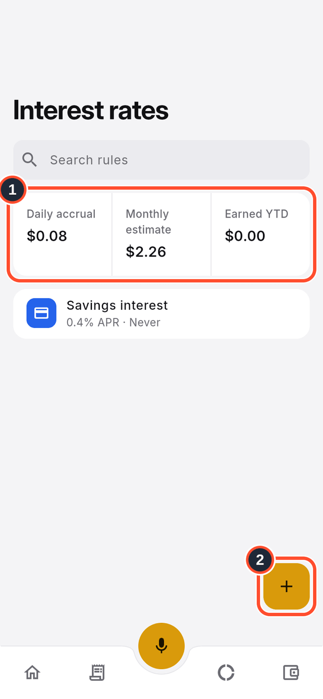 The Interest rates summary and the Create rule button marked