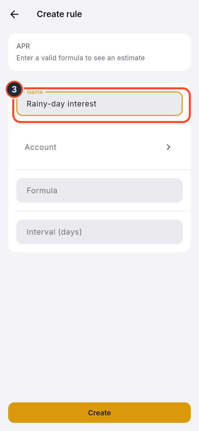 The name field marked on the new rule form