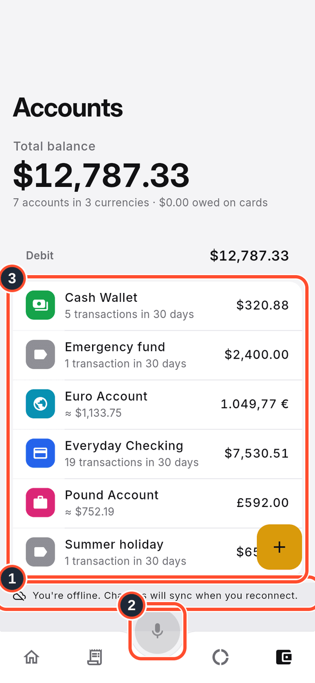 The Accounts screen offline, with the banner, the greyed Bella button and the account list marked