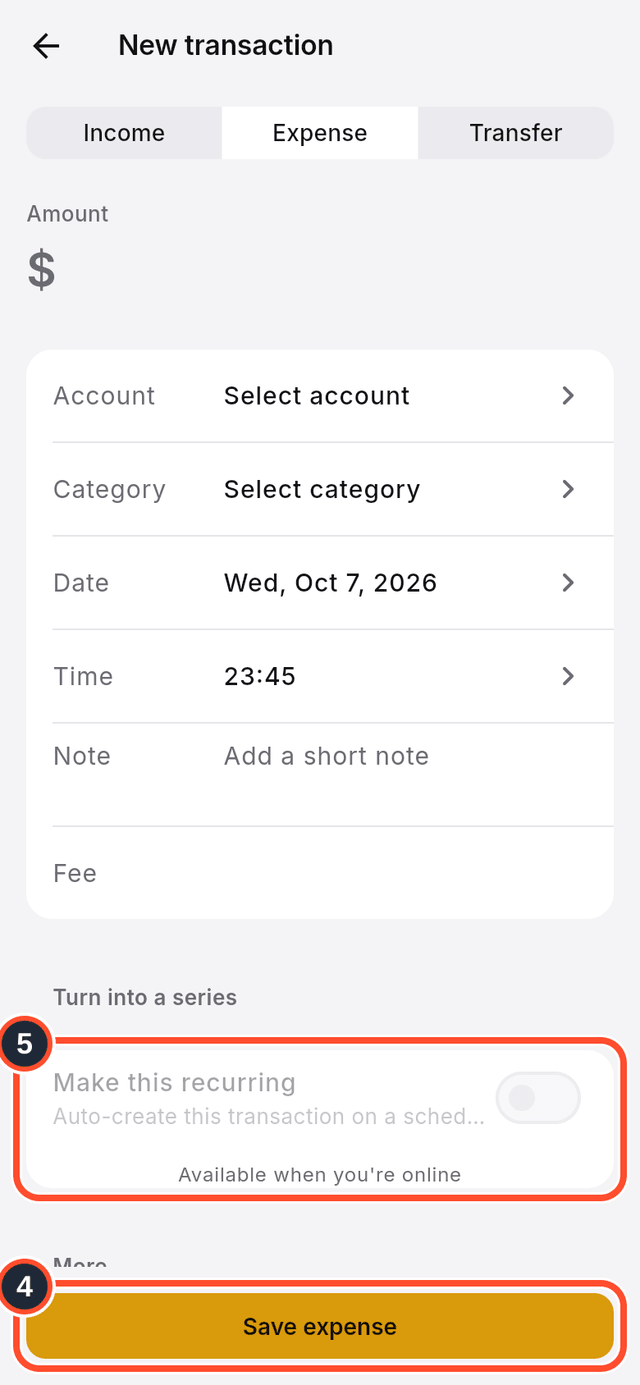 The new transaction form offline, with the save button and an online-only option marked