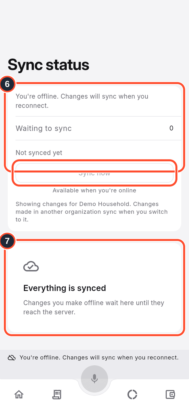 The Sync status screen with the status and the all-synced card marked