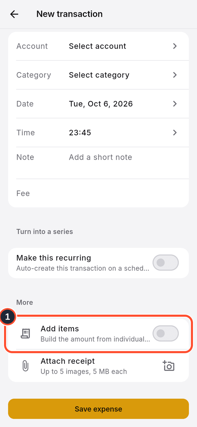 The Add items switch marked on the new transaction form