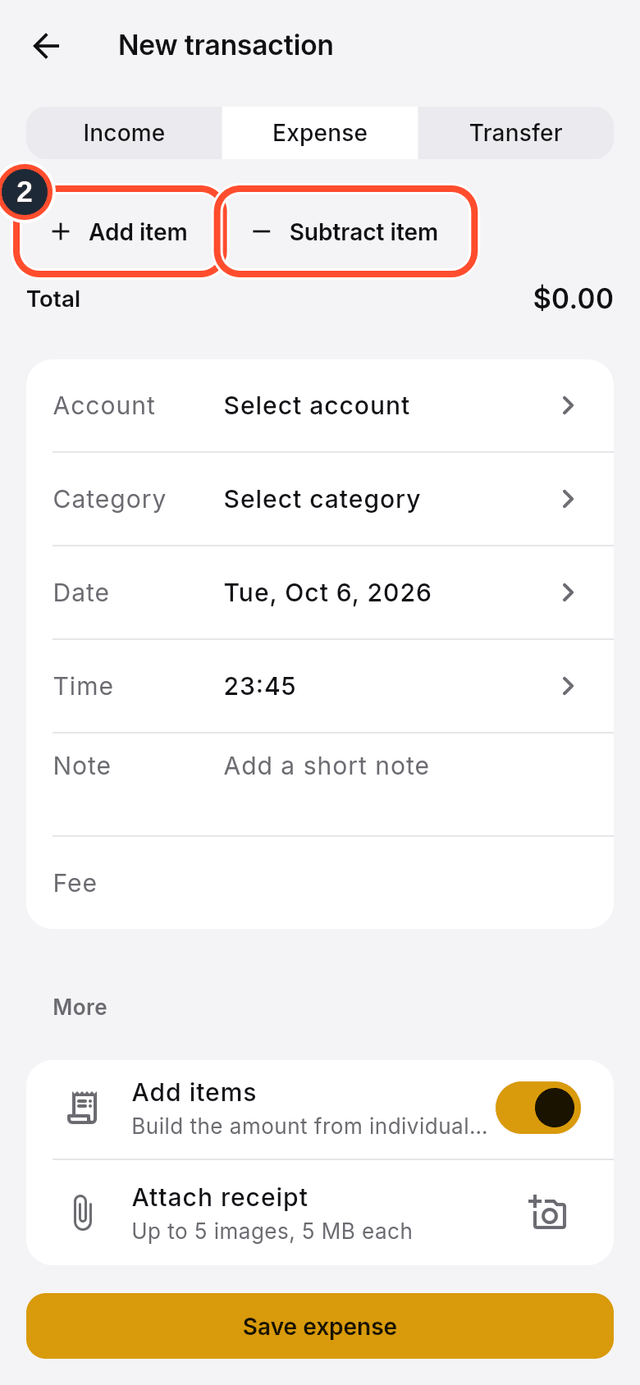The Add item and Subtract item buttons marked