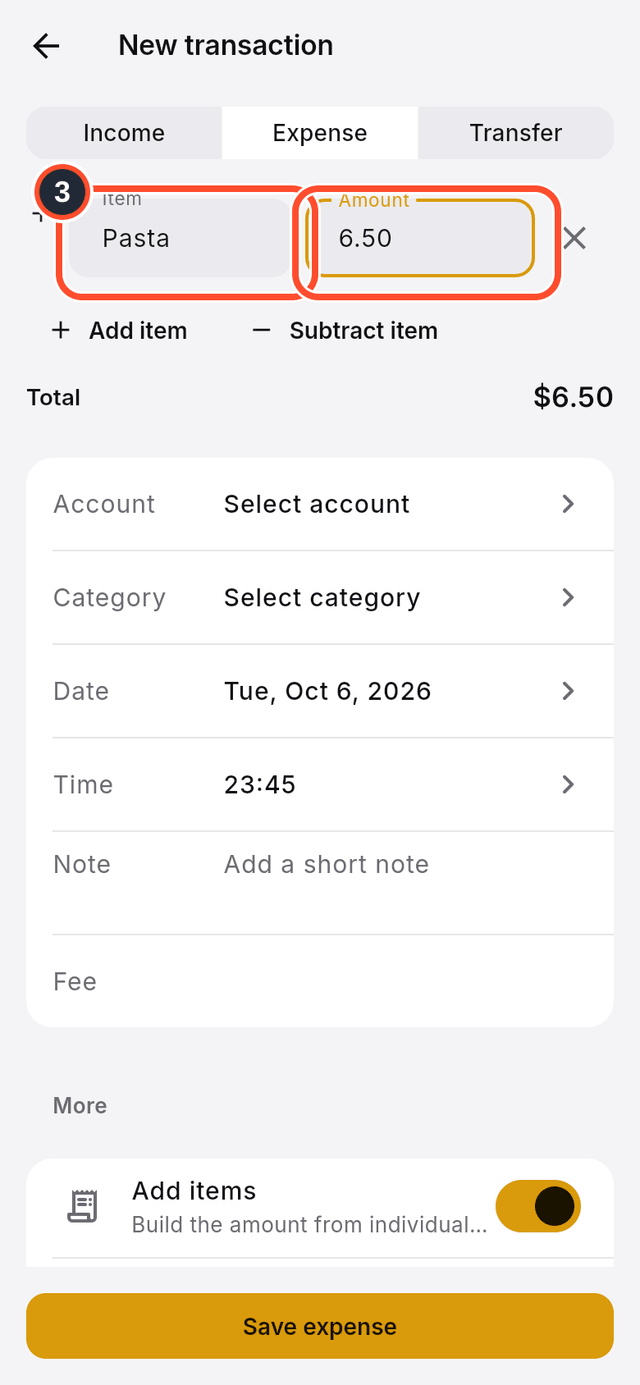 The first item row with its name and amount marked