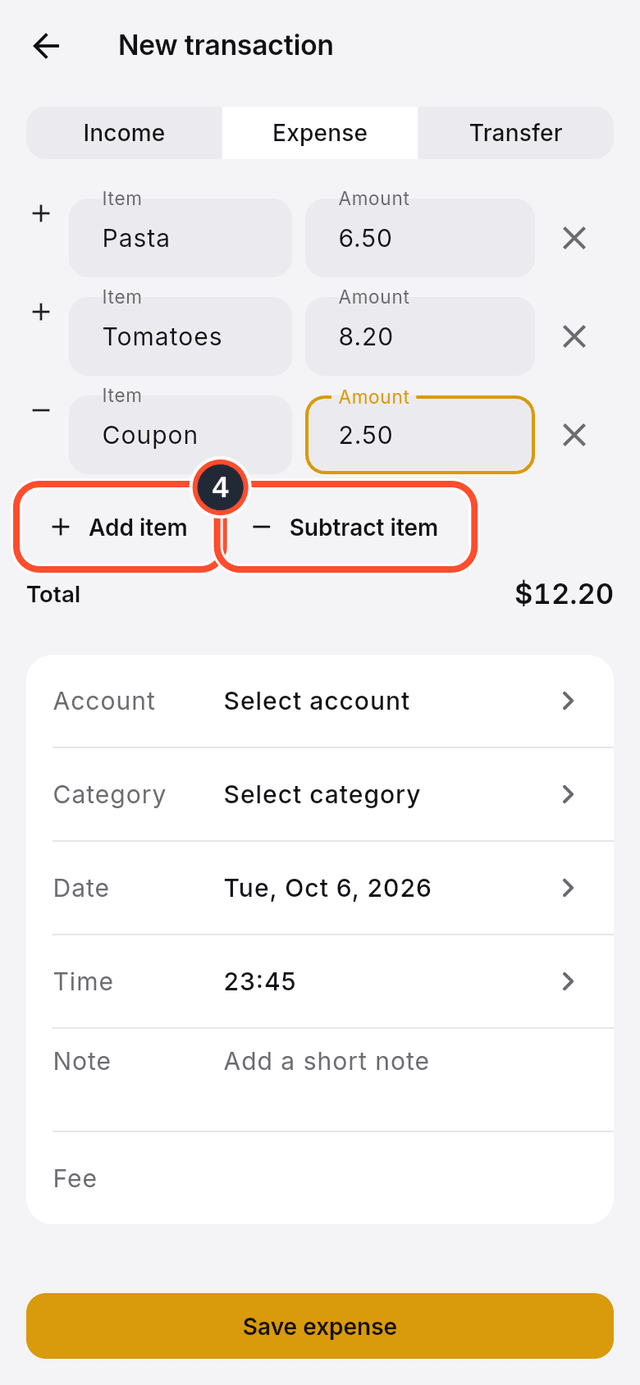 Three item rows with the buttons for adding and subtracting items marked
