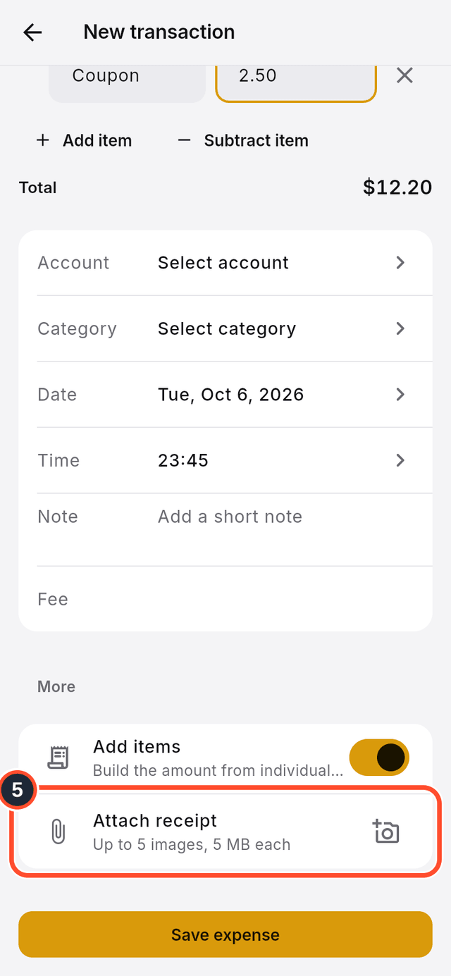 The Attach receipt row marked