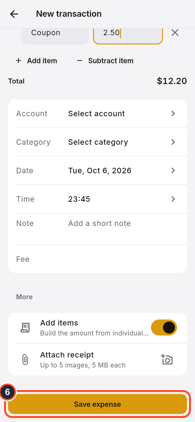 The Save expense button marked at the bottom of the form
