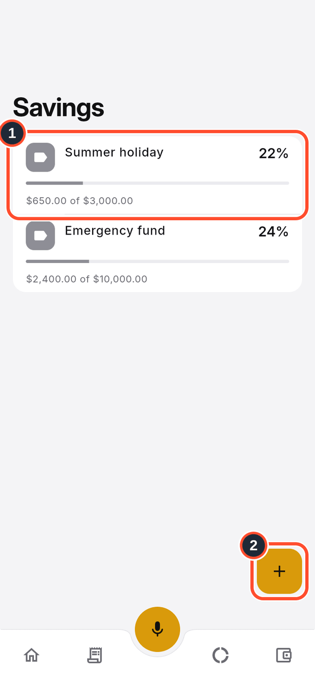 The Savings list with a progress card and the Create goal button marked