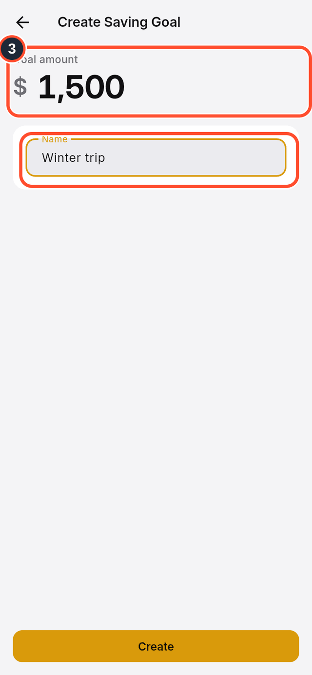 The goal amount and name fields marked on the new goal form