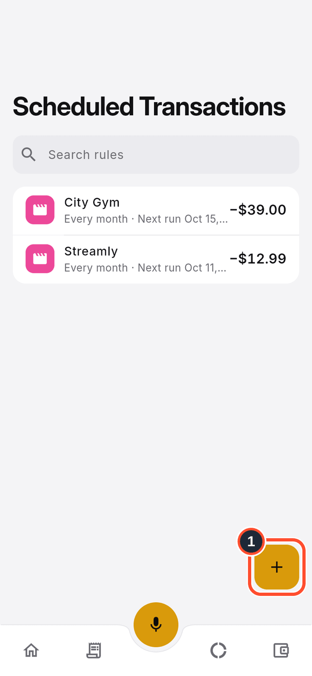The Scheduled Transactions list with the Create rule button marked