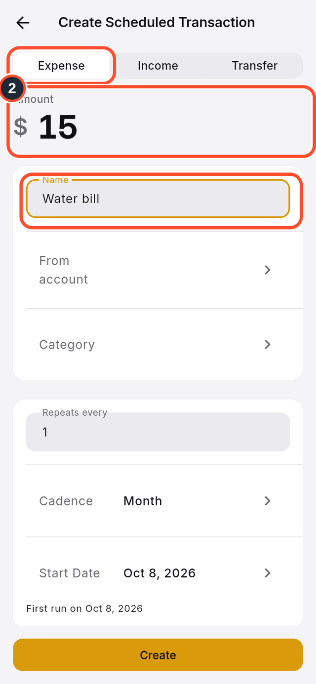 The type options and the amount and name fields marked