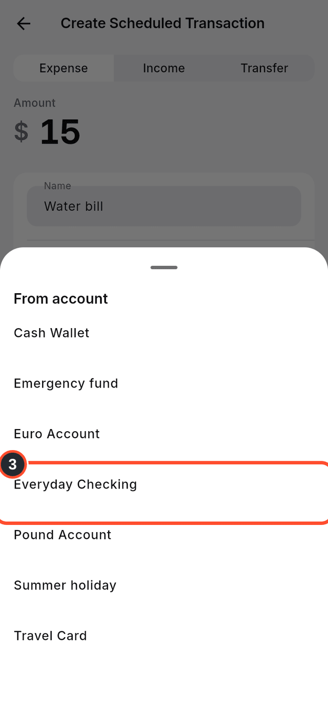 The account picker with Everyday Checking marked