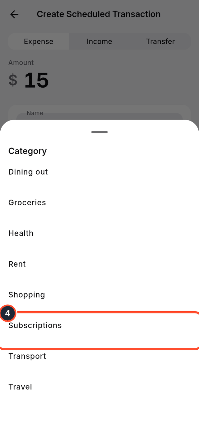 The category picker with Subscriptions marked