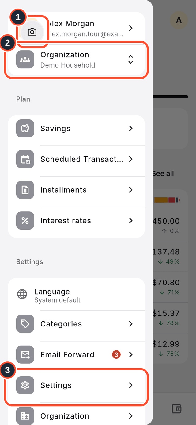 The app menu with the photo, the organization switcher and Settings marked