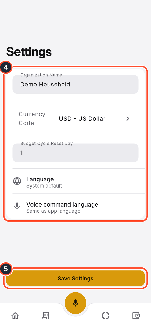 The Settings screen with the details and the save button marked