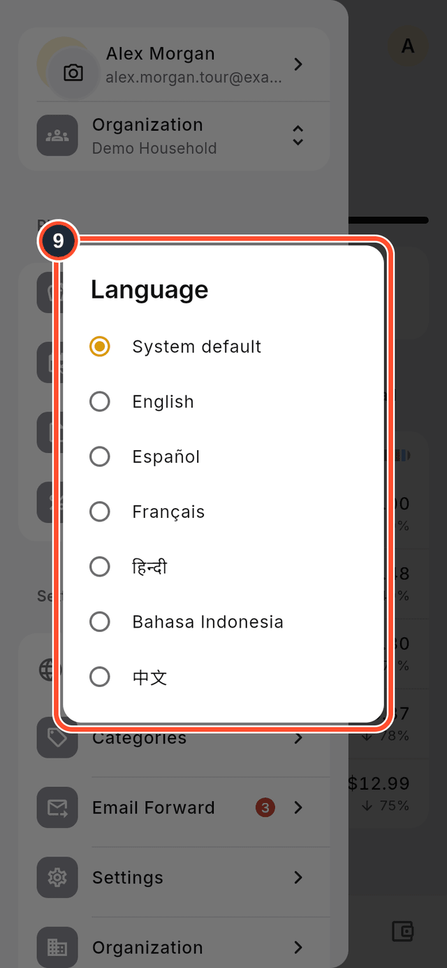 The language choices marked