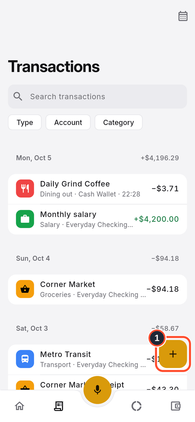 The Transactions list with the Create transaction button marked