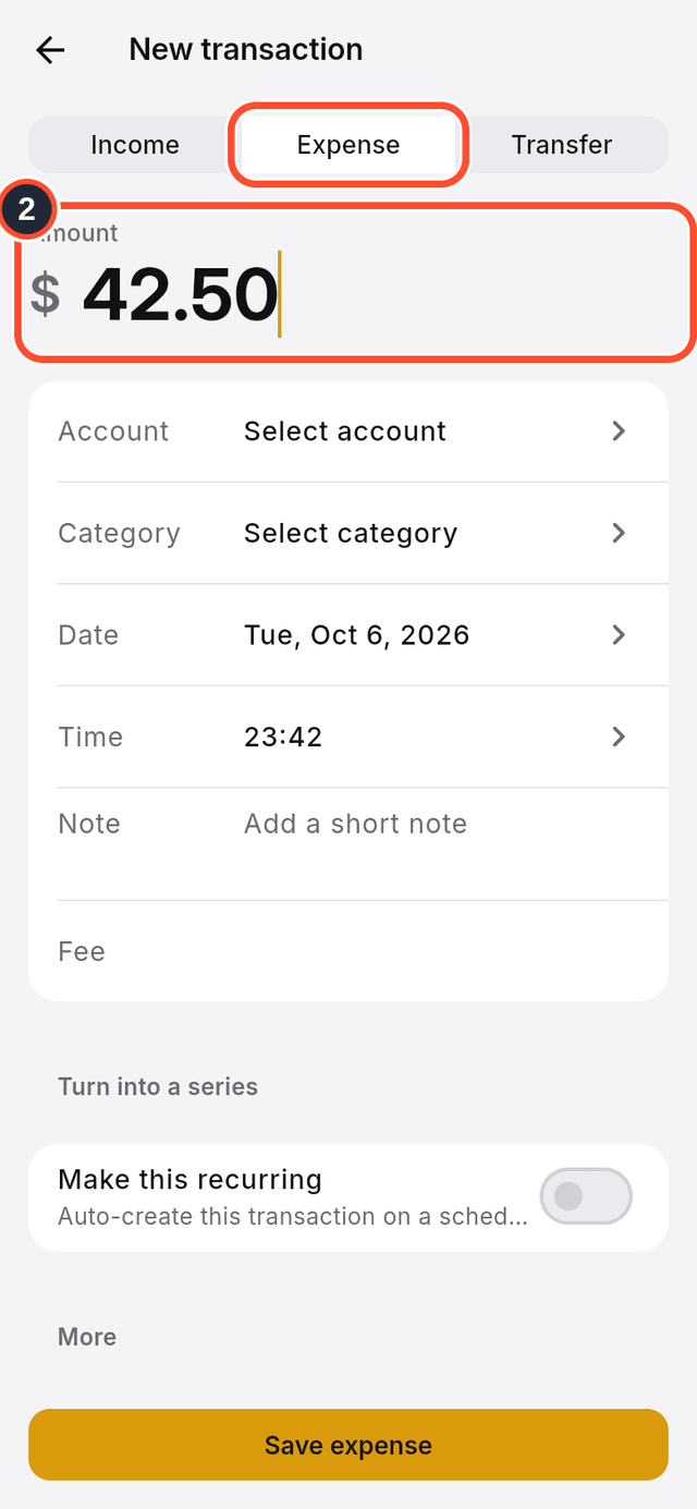 The Expense option and the amount field marked