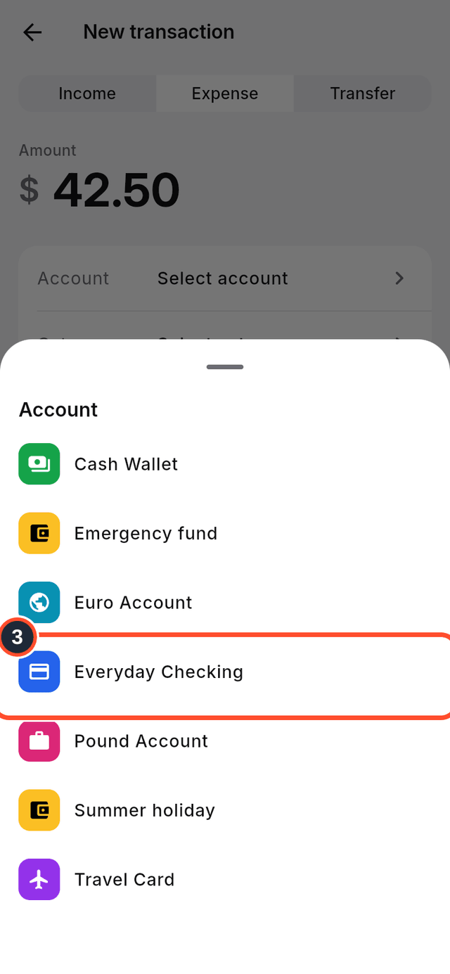 The account picker with Everyday Checking marked
