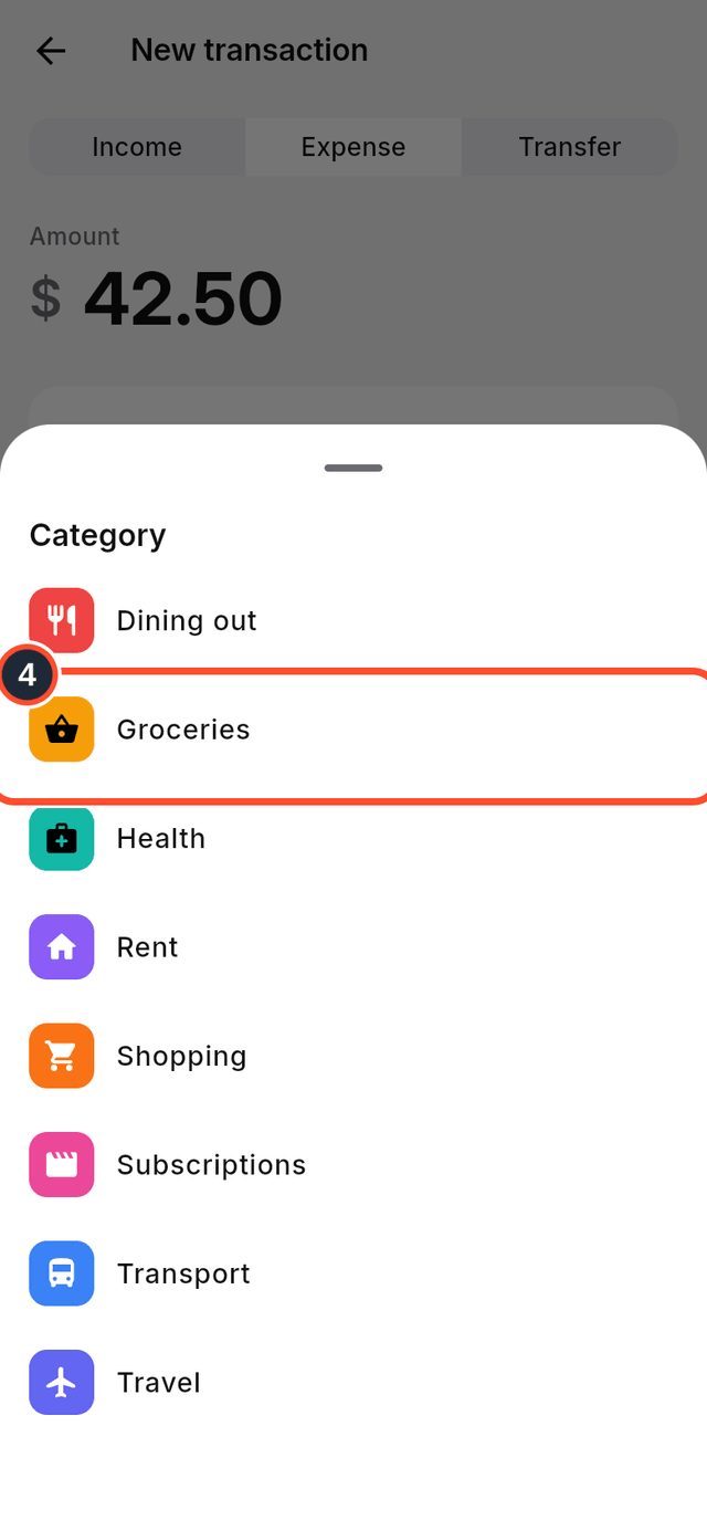 The category picker with Groceries marked