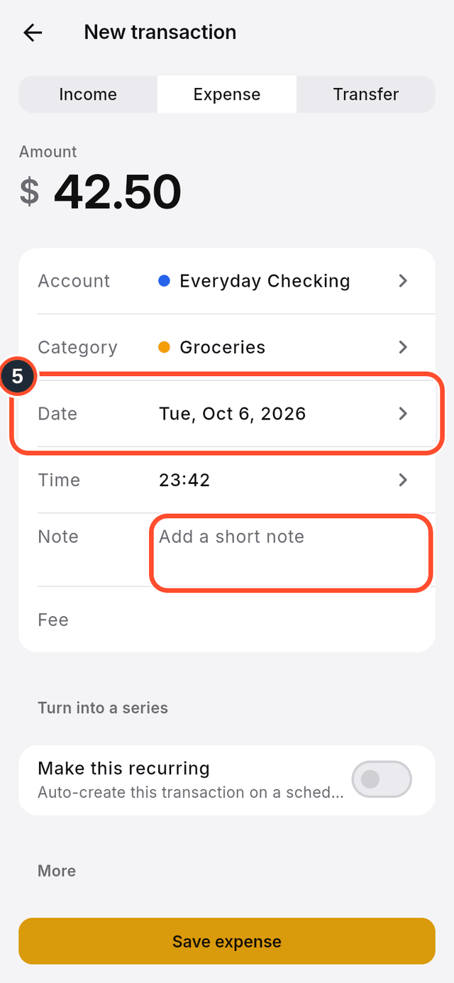 The Date and Note fields marked on the form