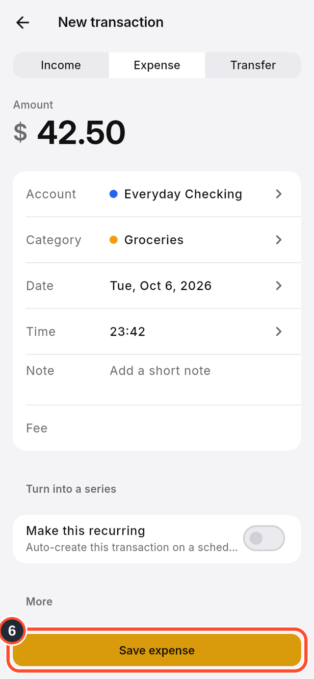 The Save expense button marked at the bottom of the form