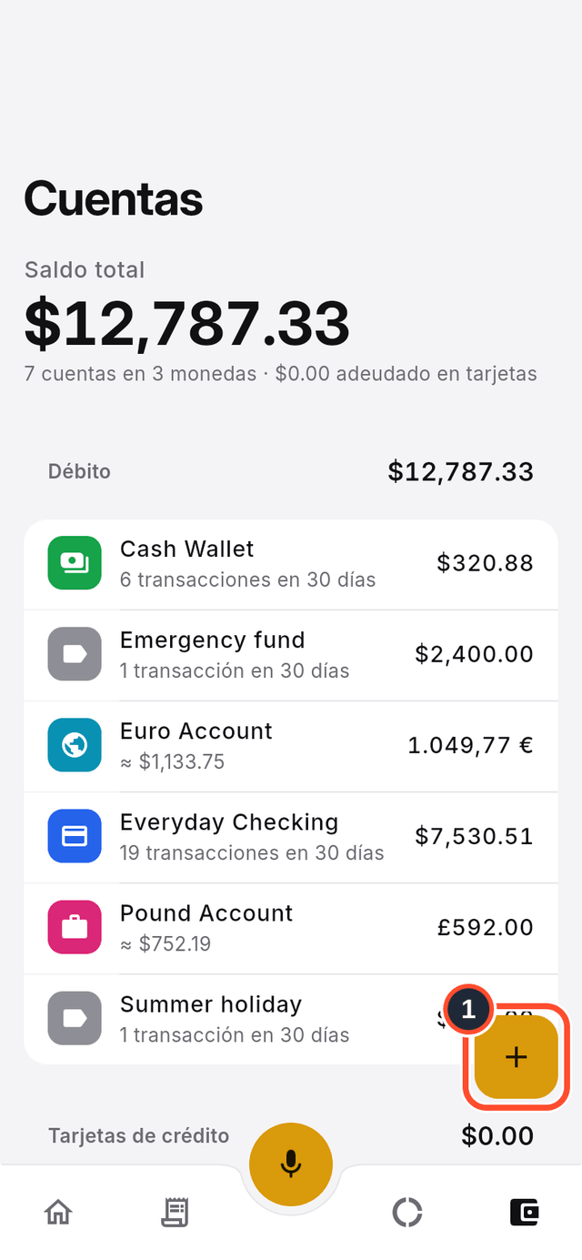 La lista de cuentas con el botón Crear cuenta señalado