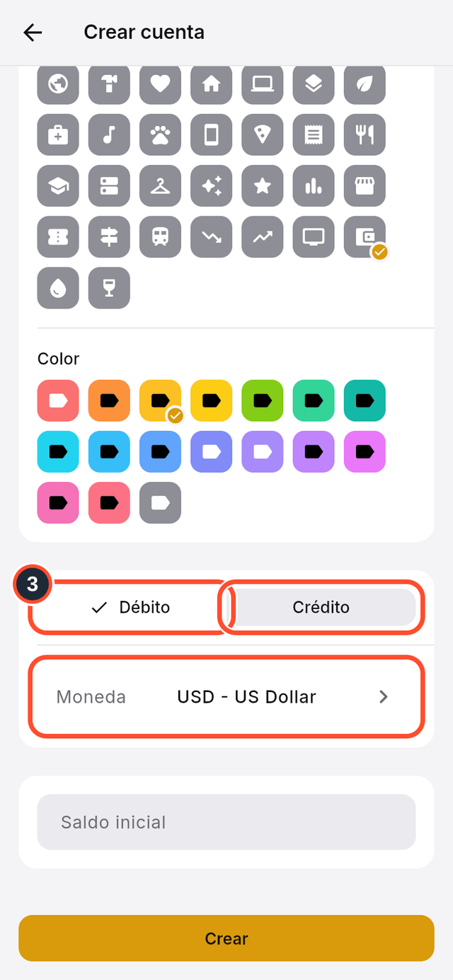 Las opciones de tipo de cuenta y moneda señaladas