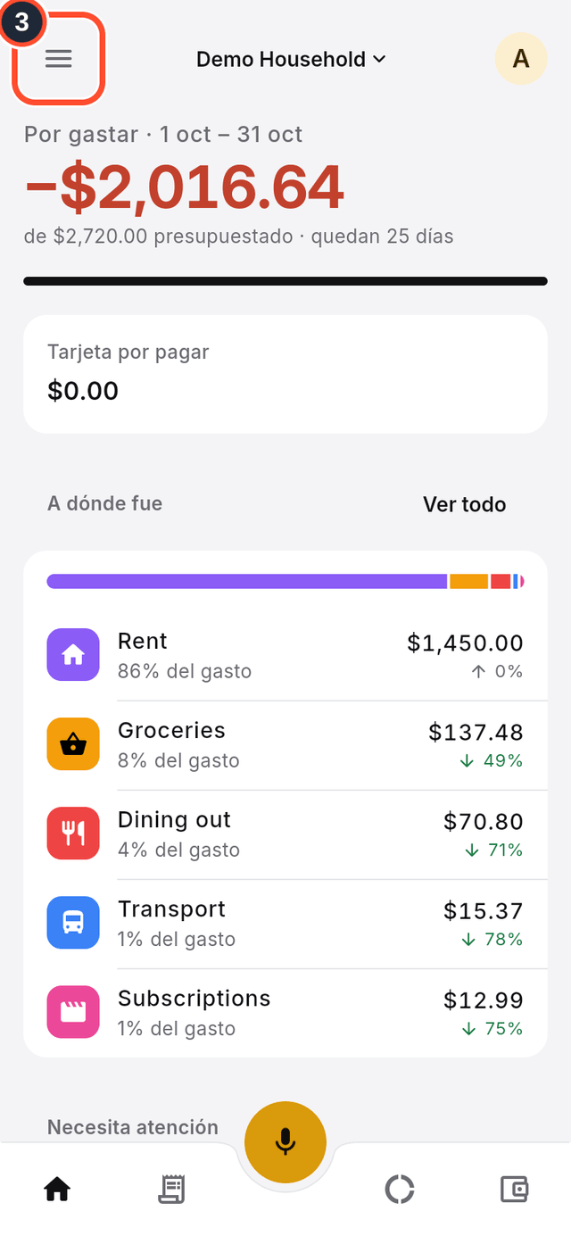 El botón de menú señalado arriba a la izquierda