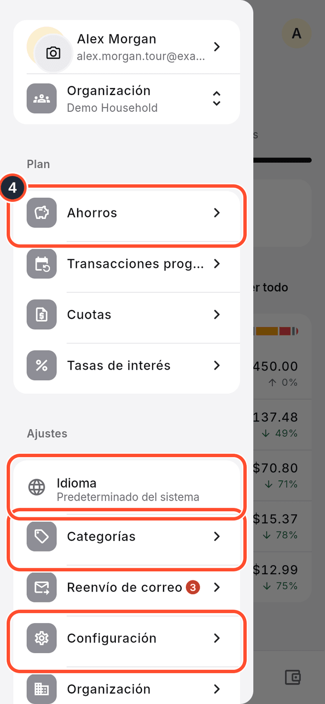 El menú de la app abierto con Ahorros, Categorías, Idioma y Configuración señalados