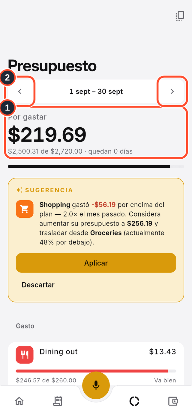 La pantalla Presupuesto con el resumen de lo que queda por gastar y las flechas de mes señalados