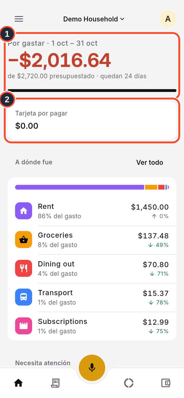 Parte superior del panel con Por gastar y Tarjeta por pagar marcados