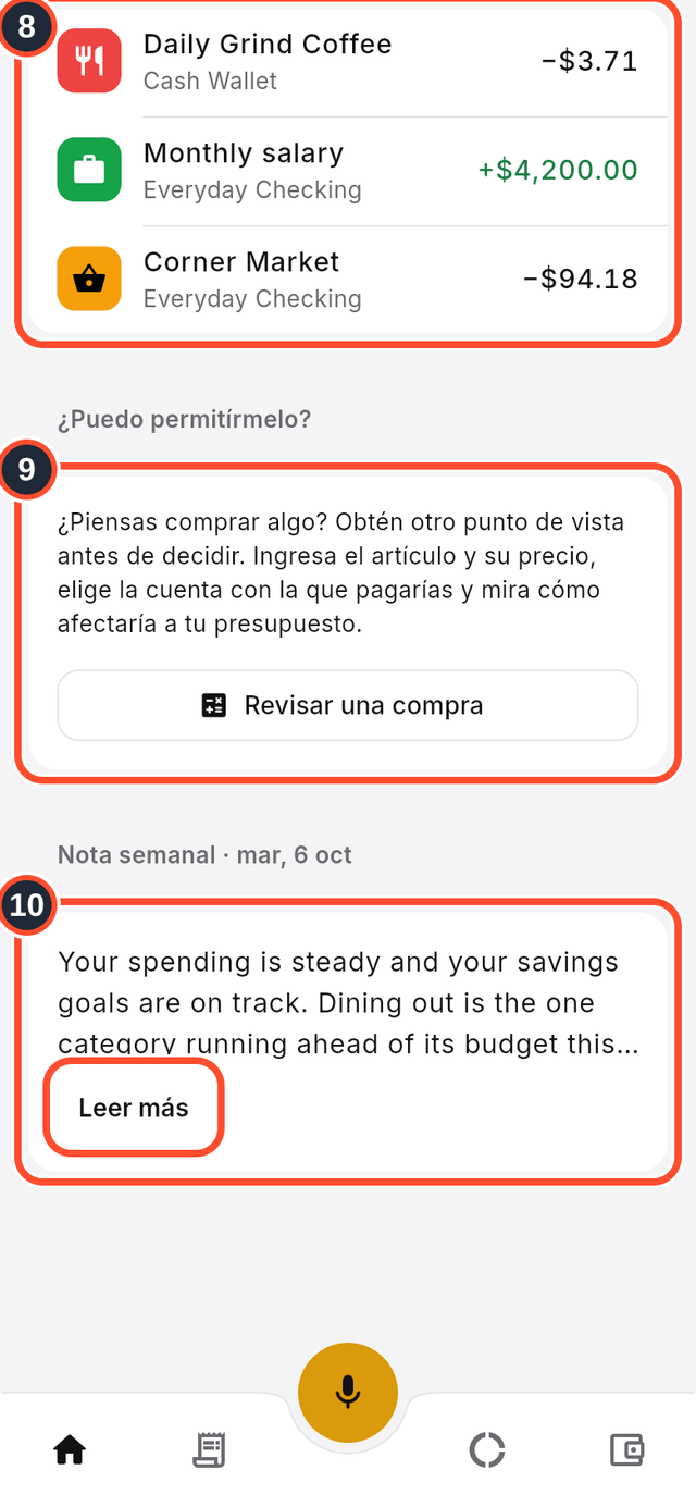 Las tarjetas Reciente, ¿Puedo permitírmelo? y la nota semanal marcadas