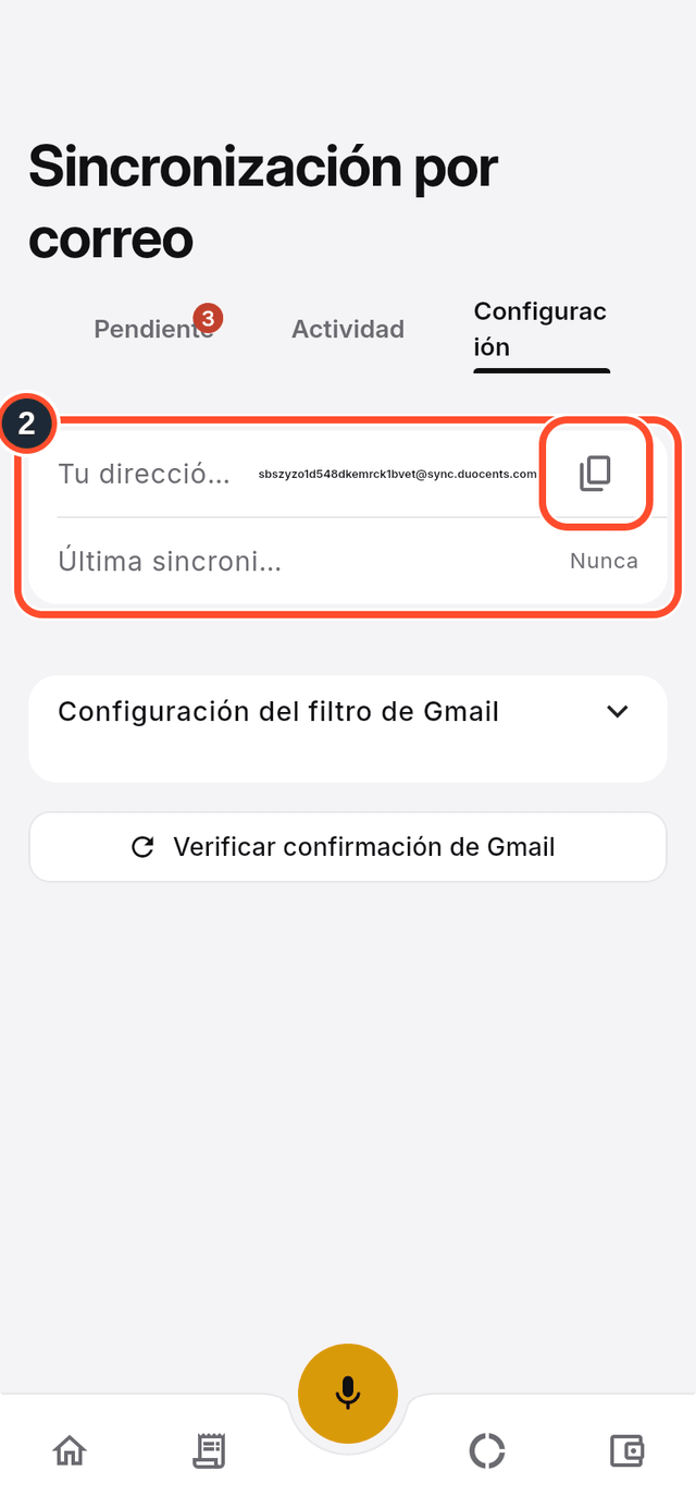 La pestaña Configuración con la dirección de sincronización marcada