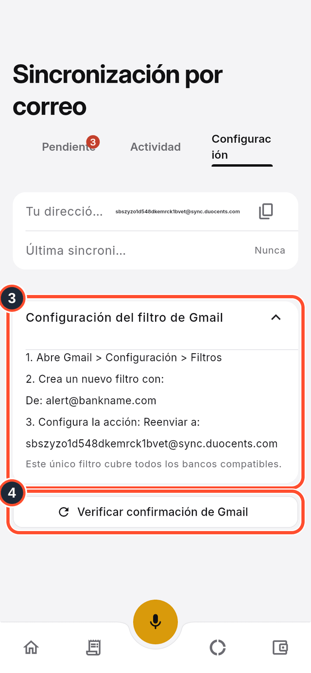 Las instrucciones del filtro de Gmail y el botón de confirmación marcados