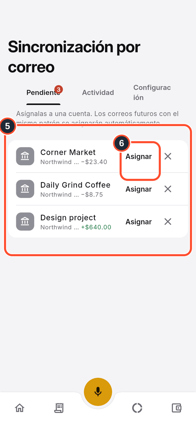 Las transacciones pendientes con el botón Asignar marcado