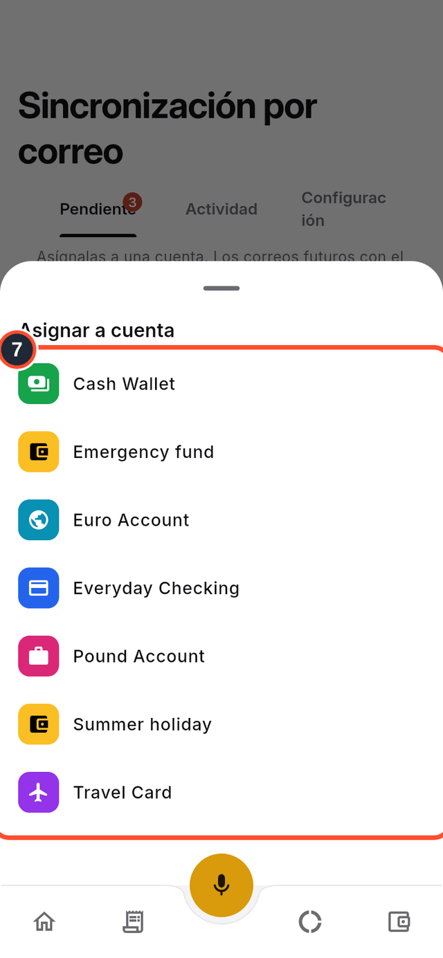 La lista de cuentas a las que asignar una transacción pendiente