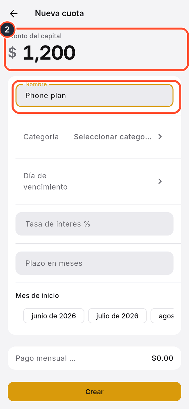 Los campos de monto del capital y nombre señalados